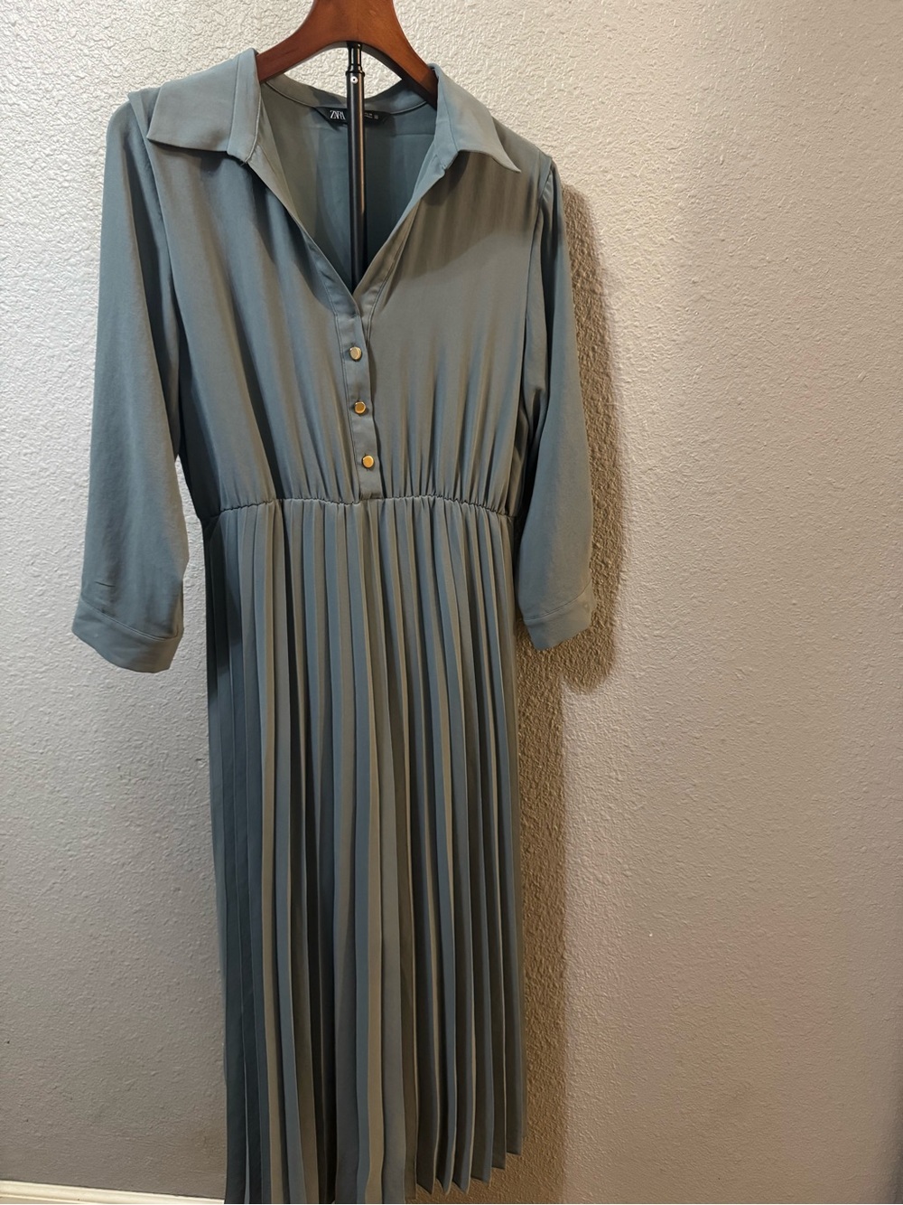 Zara steel blue pleated midi shirt dress size large